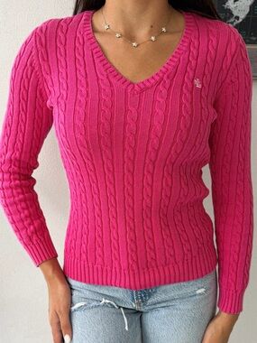 Ralph Lauren Hot Pink Cable-Knit V-Neck Sweater
